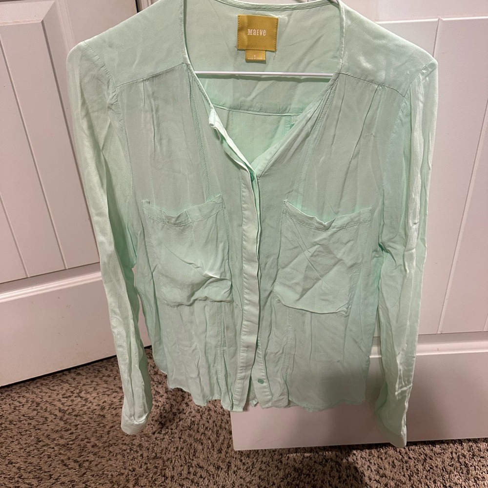 Maeve x Anthropologie Light Mint V-Neck Button Blouse